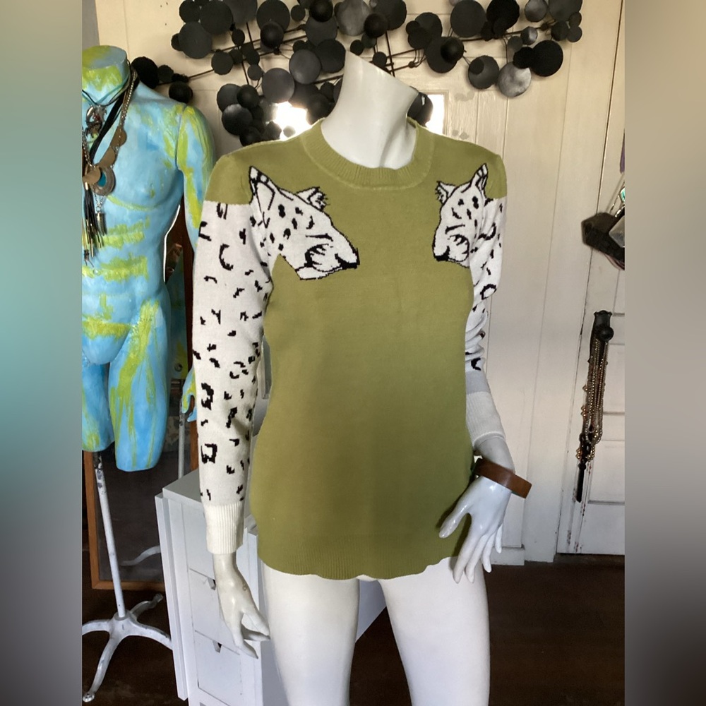Fantastic  cheetah on sleeve and green sweater